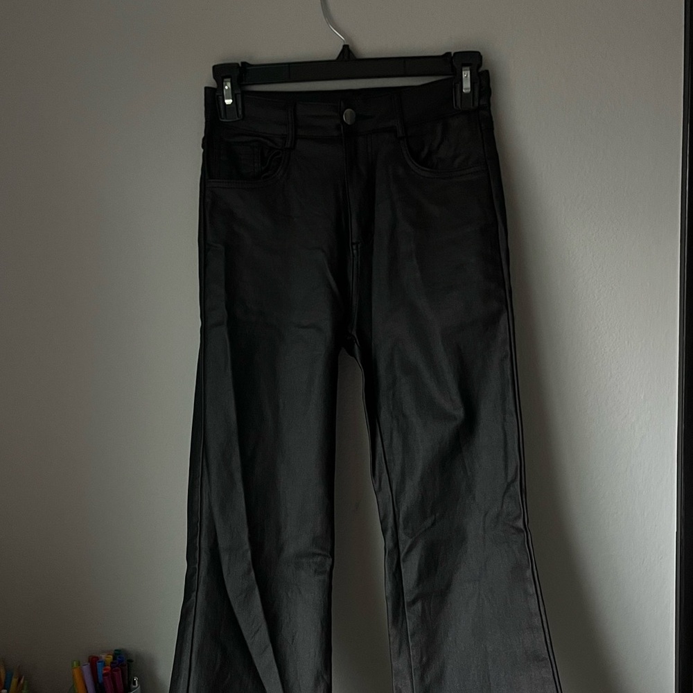 Classic Black fake leather Women's flare Jeans